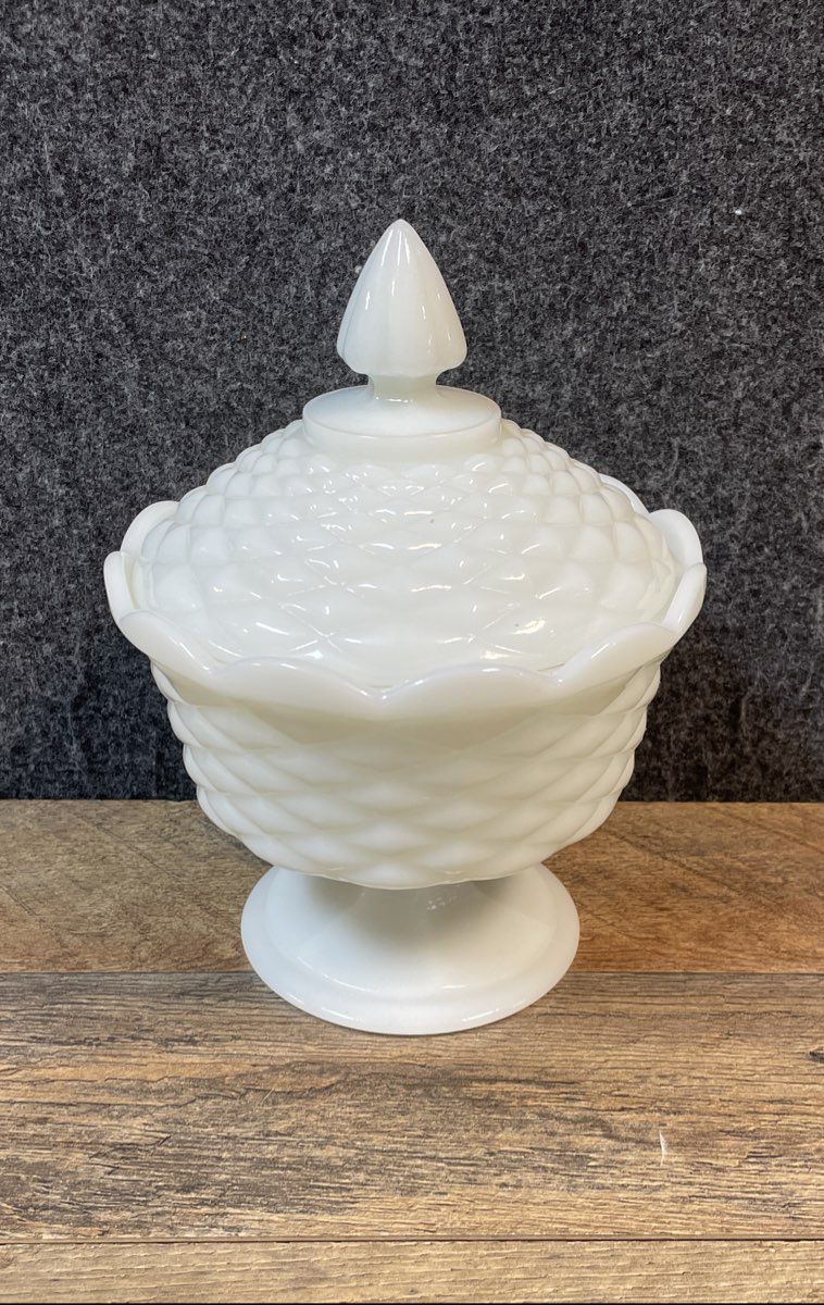 Pressed Milk Glass White Lot 2 Lidded Candy Dish & Small Ruffled Bowl Vintage
