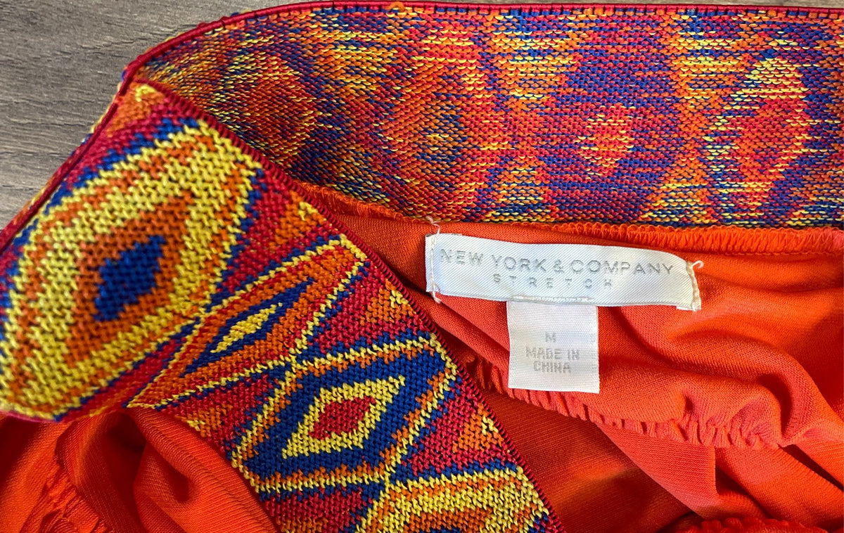 New York & Company Women's Orange Maxi Dress Geometric Patterned Neckline Sz M