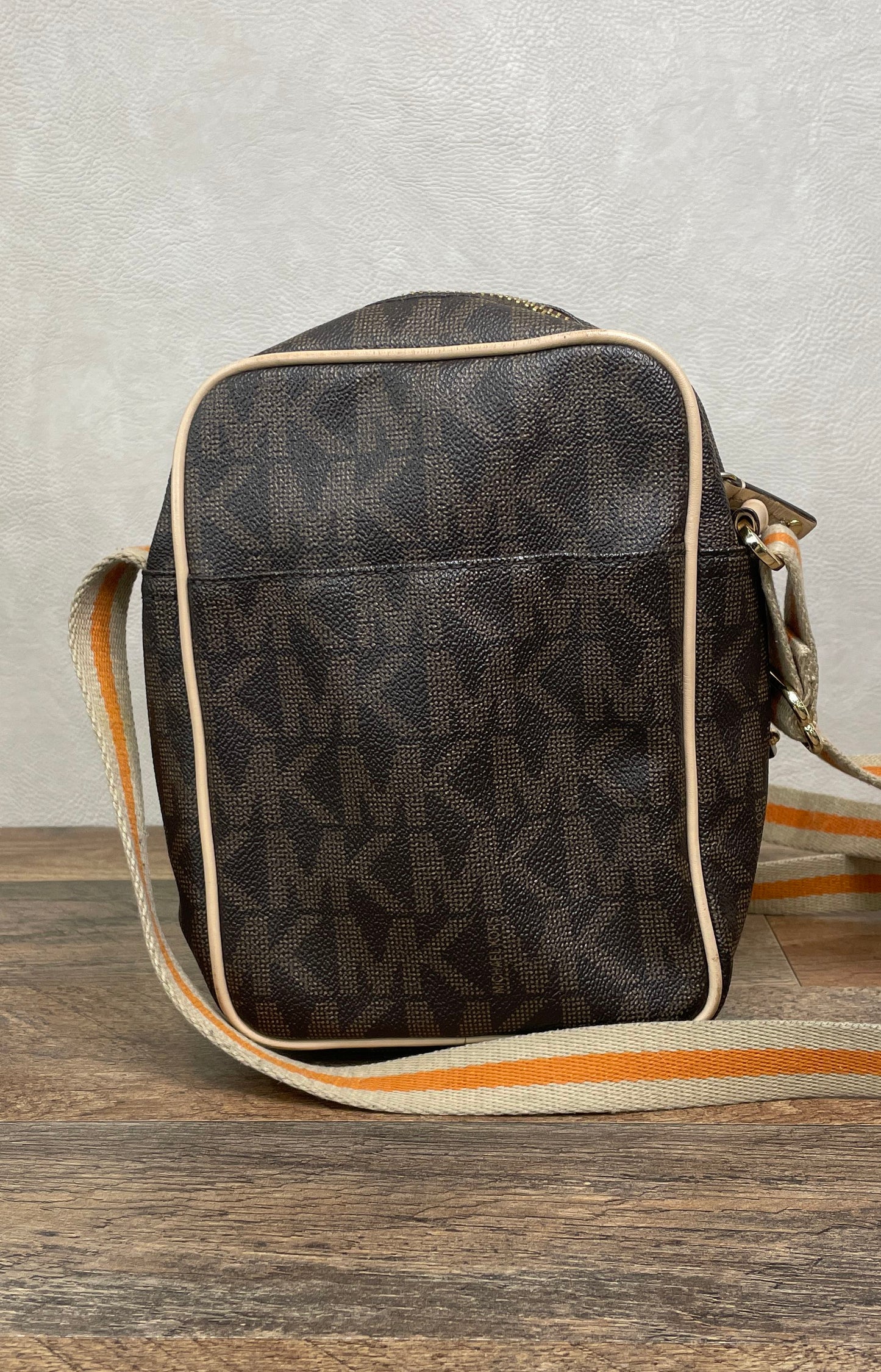 Michael Kors Brown Monogram Crossbody Bag Striped Webbing Strap Gold Hardware