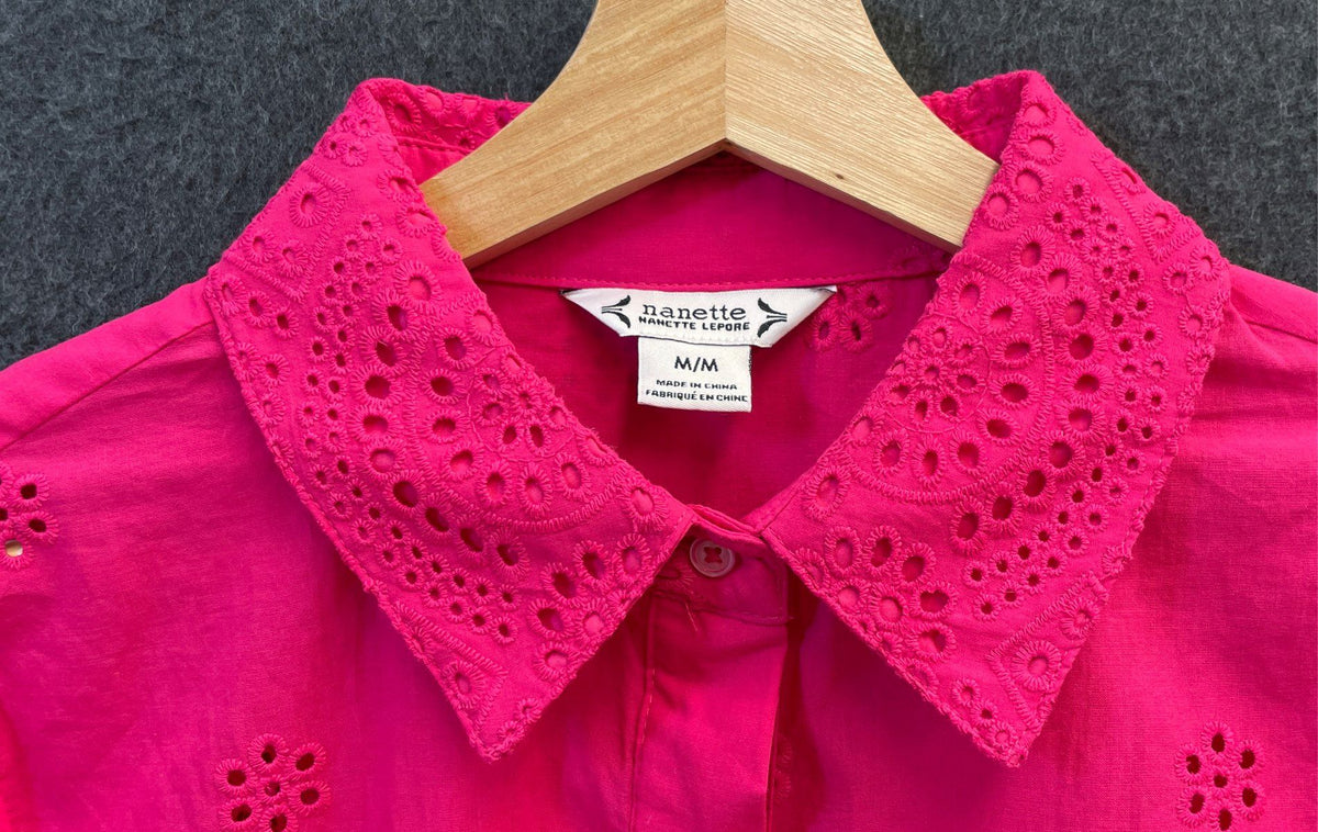 Nanette Nanette Lepore Women's Pink Eyelet Embroidered Scalloped Blouse Sz M