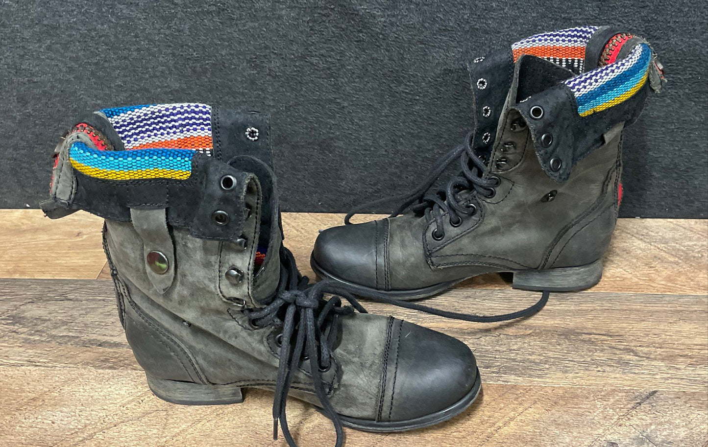 Steve Madden Camarro Black Distressed Fold Over Zip Back Combat Boots Size 6.5