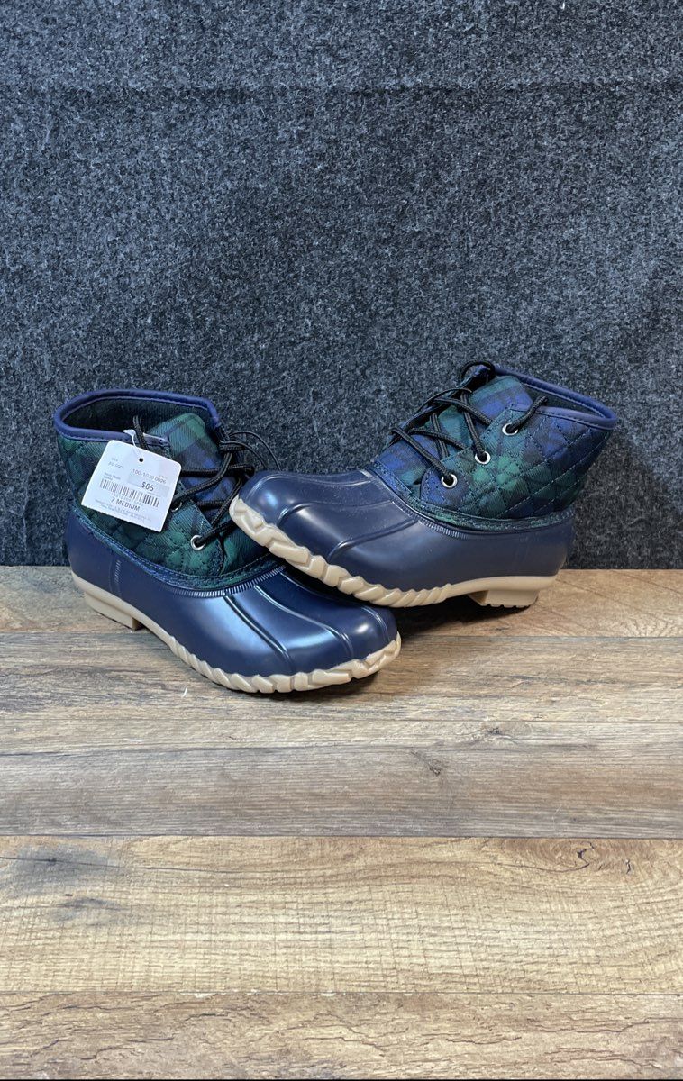 St. John's Bay Navy Plaid Quilted Duck Boots Women's Size 7M NWT