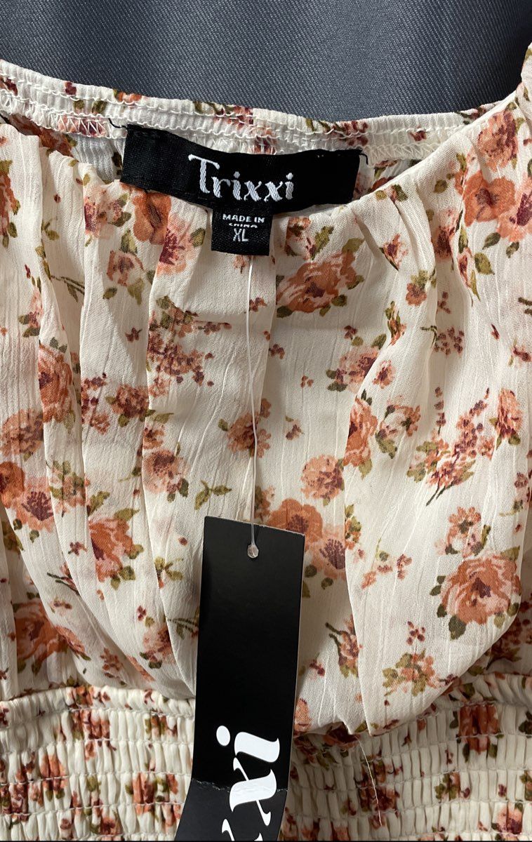 Trixxi Women's Cream Red Floral Puff Sleeve Tiered Mini Dress Size XL NWT