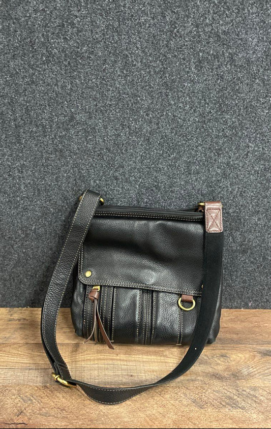 Fossil Black Pebbled Leather Multi-Pocket Crossbody Bag Brass Hardware