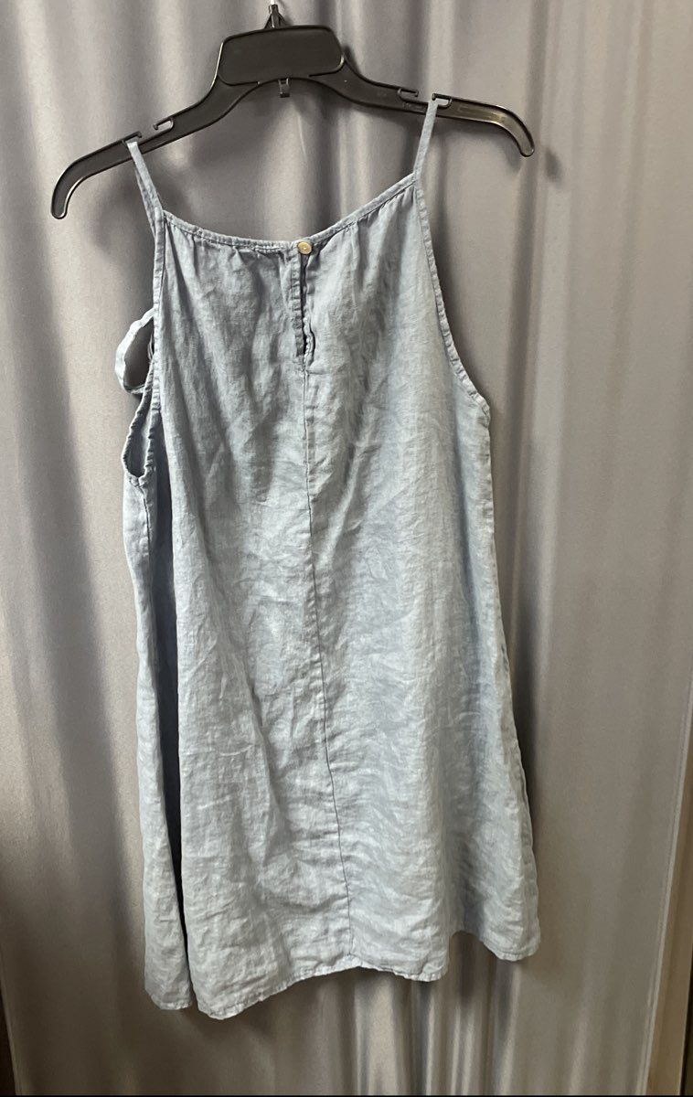 Lungo L'Arno Women's Blue 100% Linen Strap Tie Side Shift Dress Sz M Made Italy