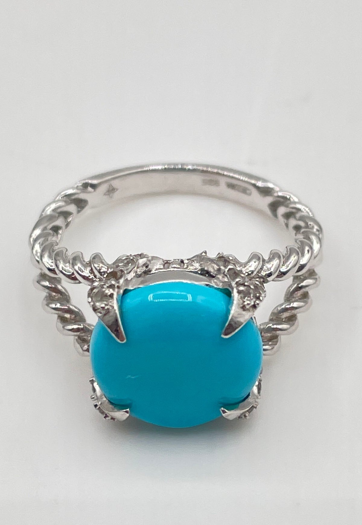 925 Sterling Silver Faux Turquoise Topaz Accents Twisted Rope Band Ring 3.5g