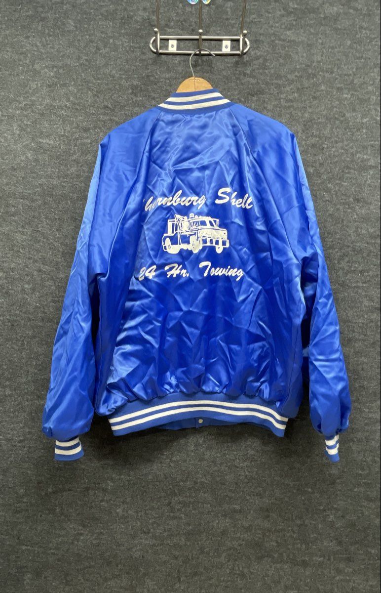 Vintage 80s Thornburg Shell 24 Hr Towing Satin Bomber Jacket Blue XL USA
