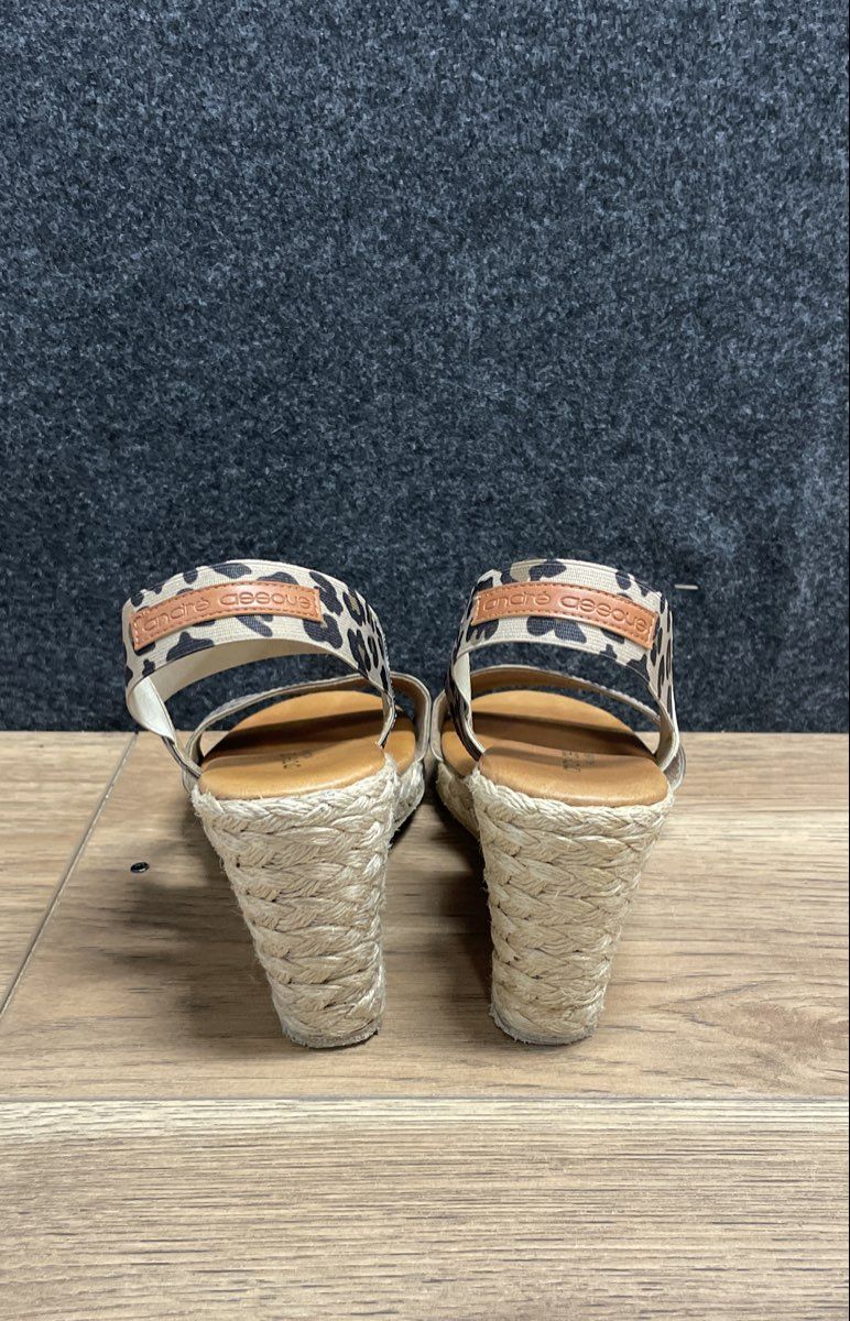 Andre Assous Leopard Print Canvas Espadrille Wedge Sandals Women's Size 37