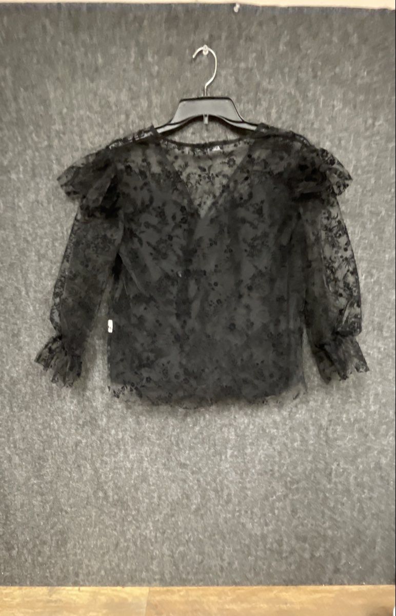 Zara Women's Black Sheer Floral Lace Ruffle Puff Sleeve Romantic Blouse Top XS