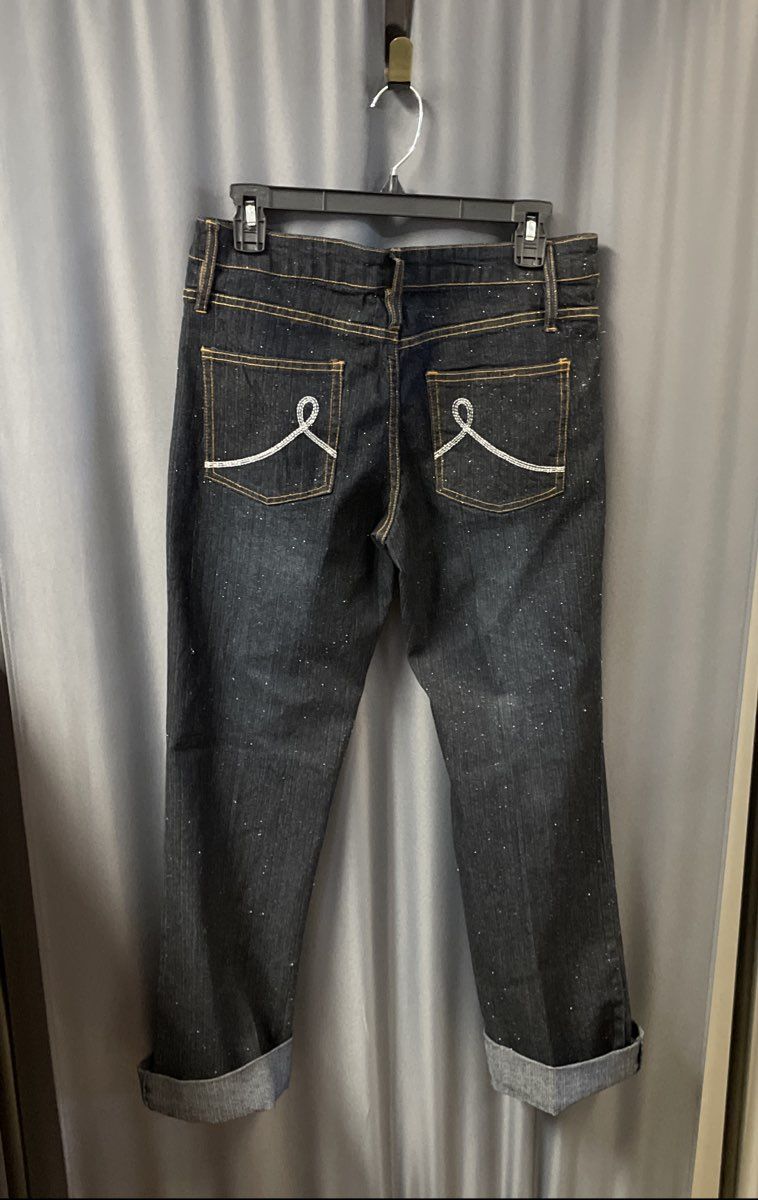 Drama Gold Women's Blue Sparkle Glitter Dark Wash Cuffed Jeans Size 12