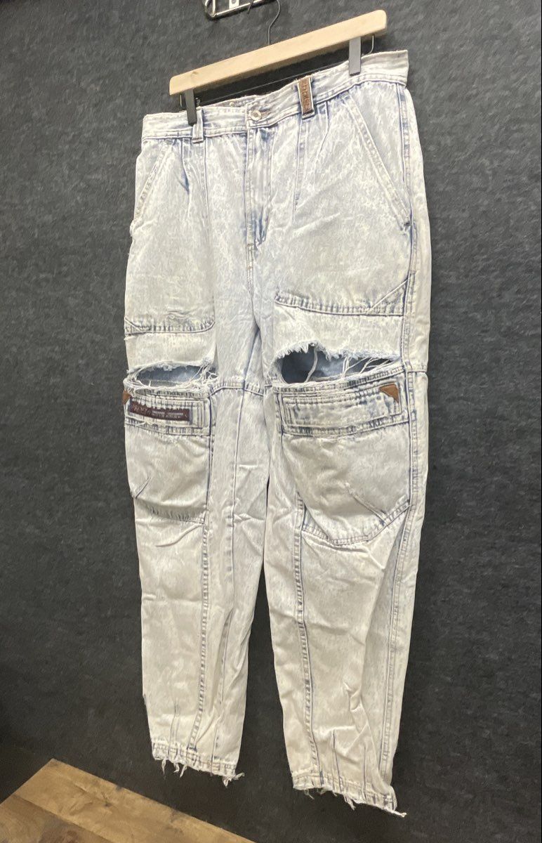 Vintage 90s Nuovo Men's Acid Wash Ripped Distressed Cargo Carpenter Pants