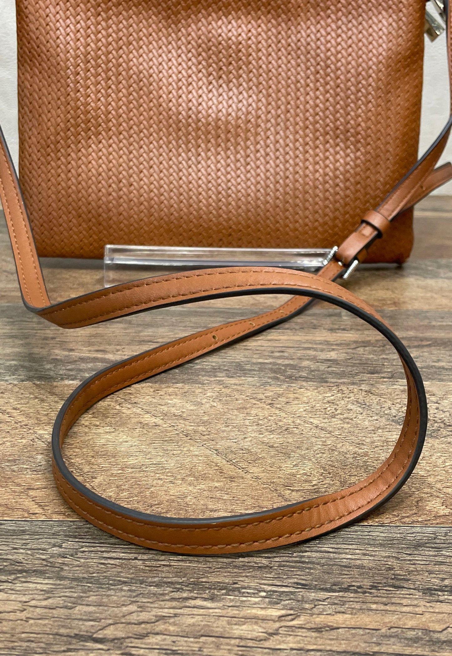 Guess Brown Woven Faux Leather Crossbody Bag Gold Tone Hardware