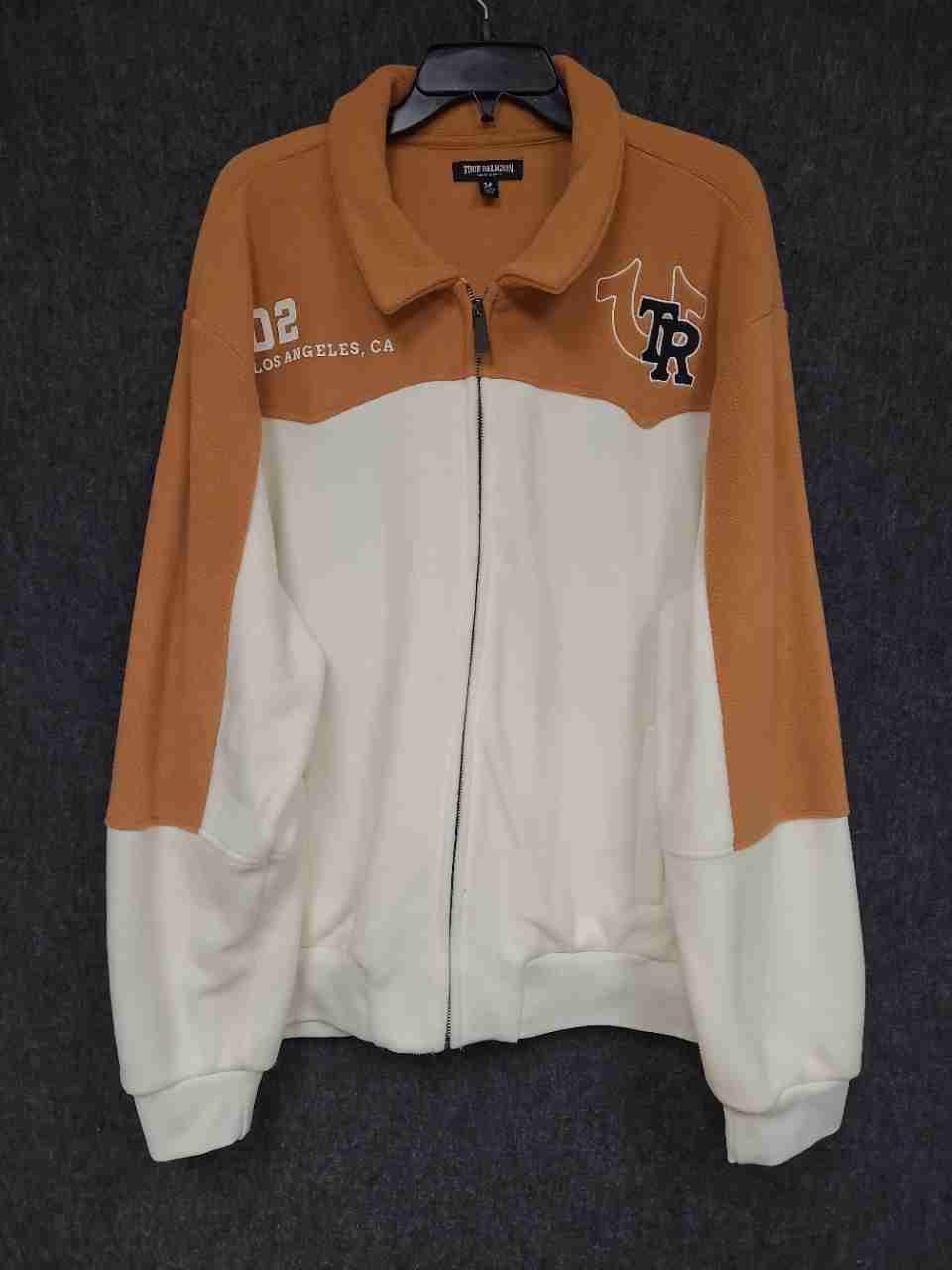 True Religion Men's Zip Up Fleece Jacket Mustard Cream Colorblock Logo Sz XL