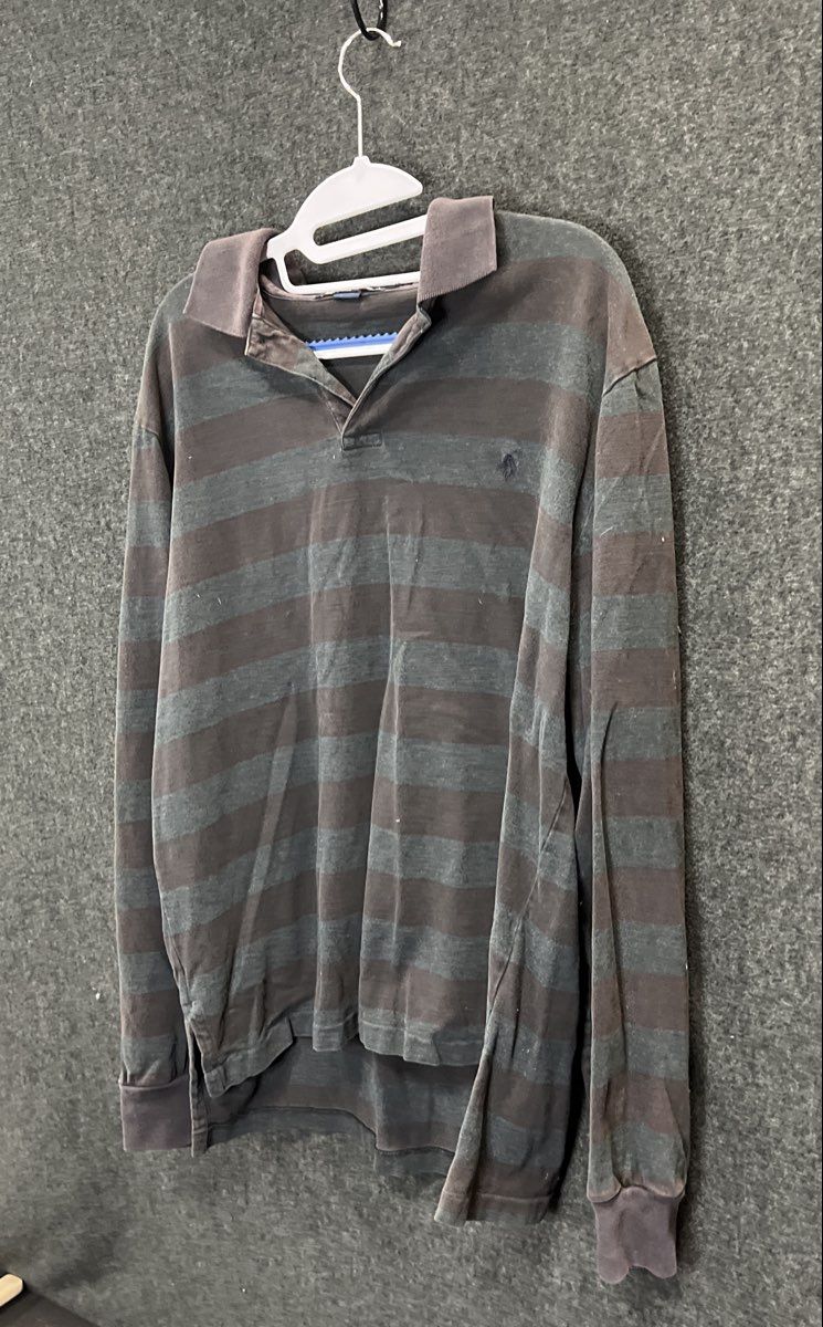Polo Ralph Lauren Men's Charcoal Grey Striped Long Sleeve Polo Shirt Sz L