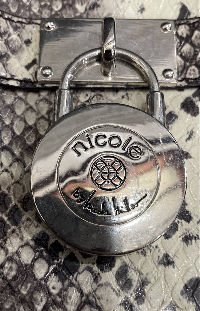 Nicole by Nicole Miller Snake Skin Leather Hobo Shoulder Bag Silver Tone