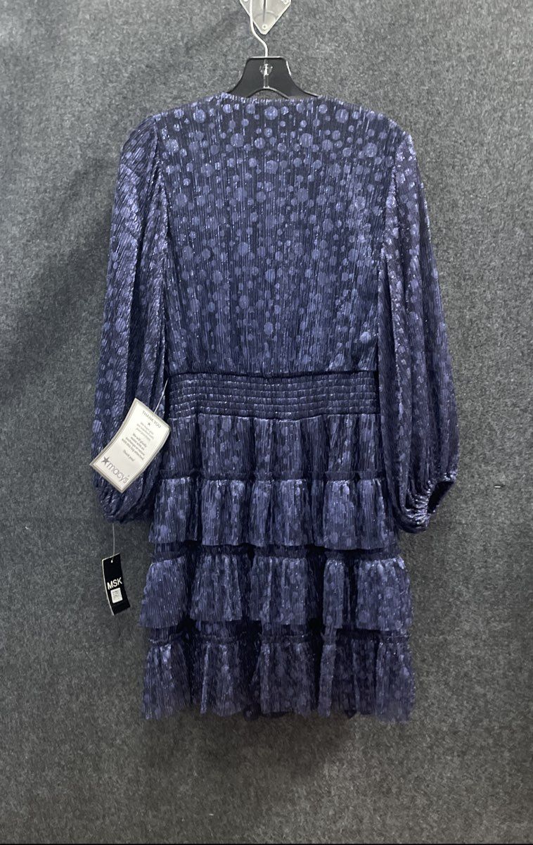 MSK Women's Navy Blue Metallic Polka Dot Pleated Tiered Smocked Dress Sz M NWT