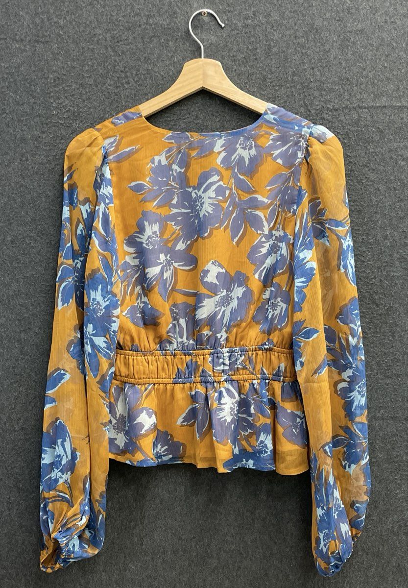 Shyanne Women's Yellow Blue Floral Peplum Blouse V-Neck Long Sleeve NWT Sz S