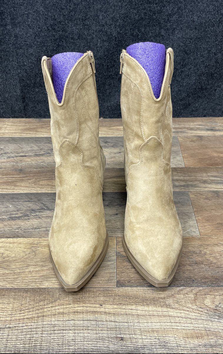 Tan Faux Suede Western Ankle Boots Pointed Toe Cowgirl Booties Women's Size 8.5