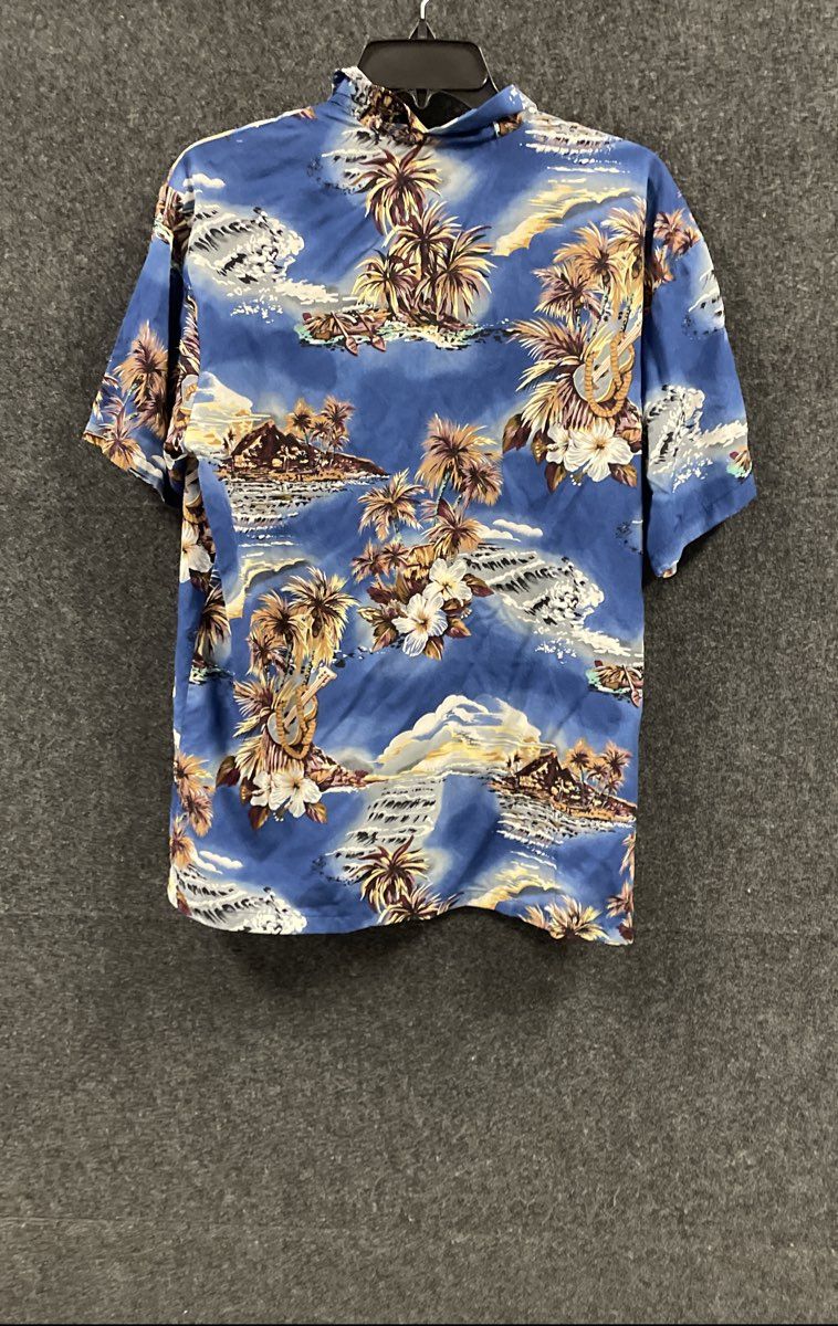 Vintage 90s Hilo Hattie Boy's Blue Rayon Tropical Scenic Hawaiian Shirt Sz XL