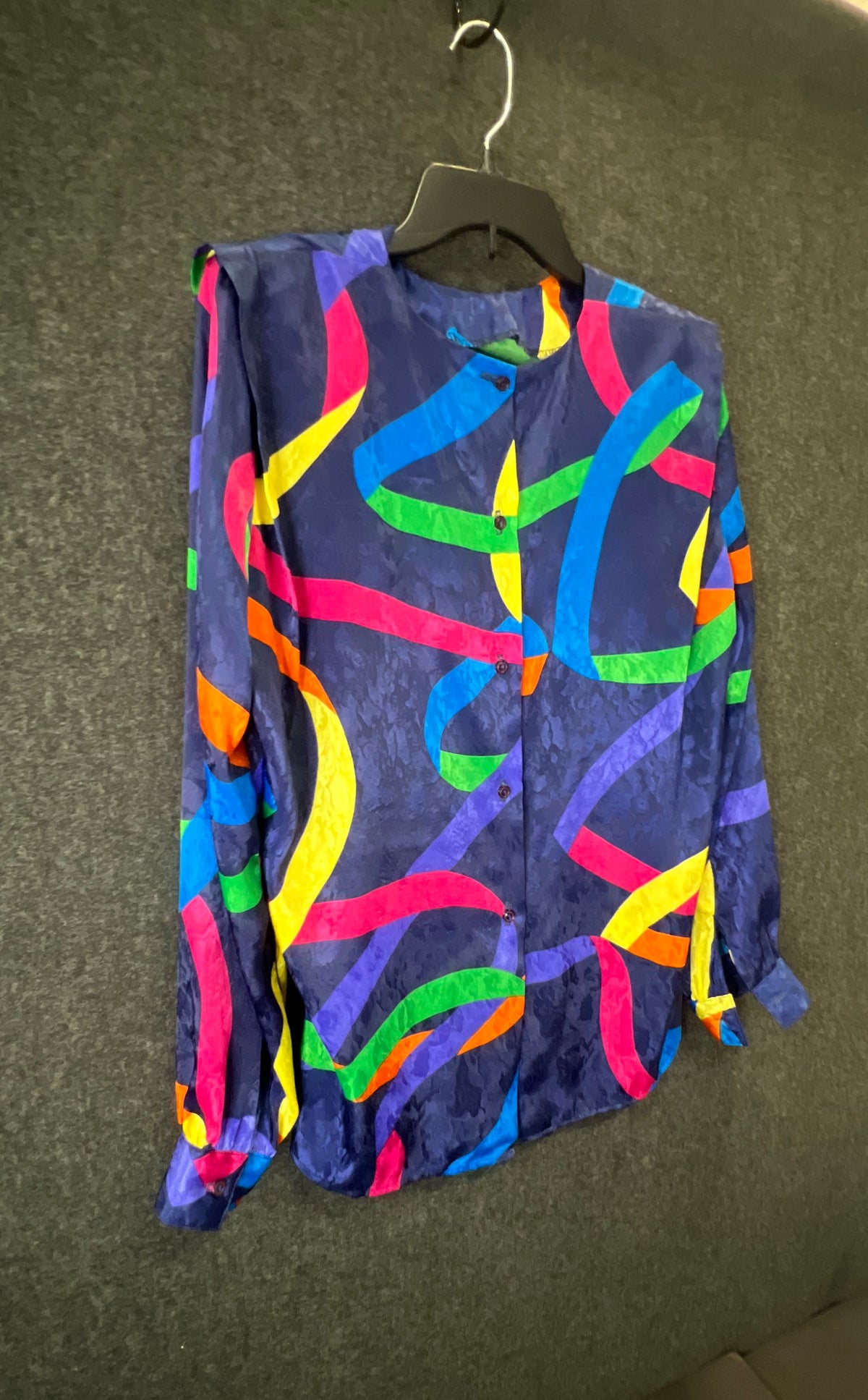 Vintage 90s Andre Sauvage Abstract Ribbon Print Blouse Made USA Sz 10
