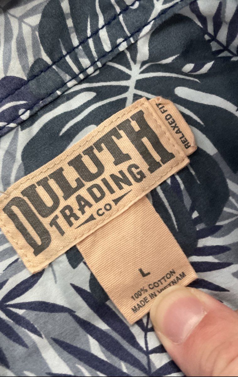 Duluth Trading Co Men's Blue Tropical Palm Leaf Cotton Relaxed Fit Shirt Sz L