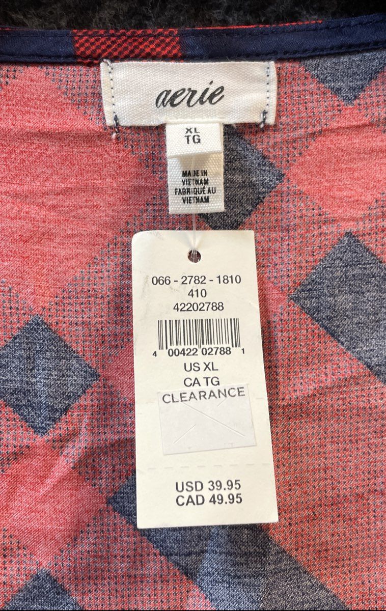 Aerie Women's Red Navy Plaid Viscose Sleepwear Wrap Shirt NWT Sz XL