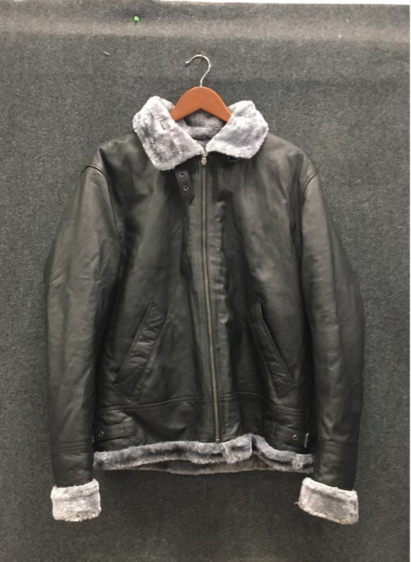 Real Leather Men's Black Faux Shearling Lined Flight Bomber Jacket Sz 25 P2P