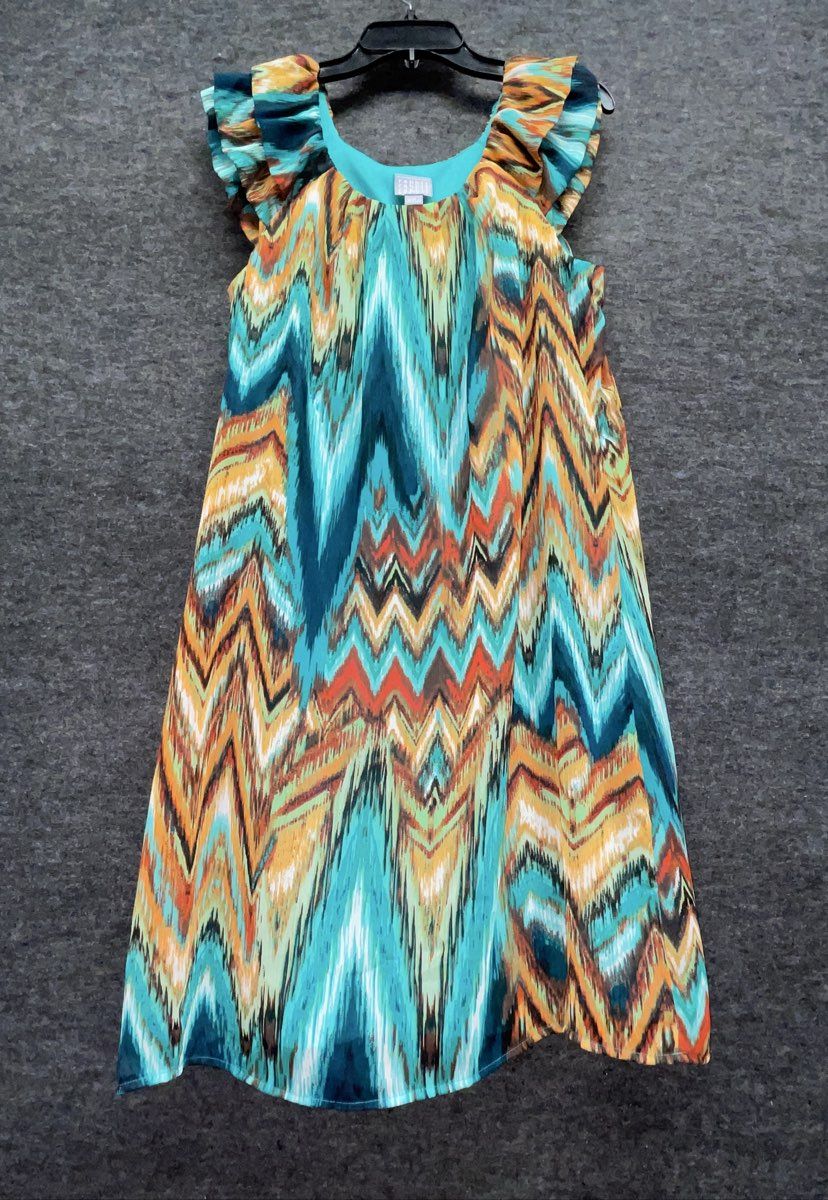 Rabbit Rabbit Designs Women's Multicolor Chevron Ikat Ruffle Cap Sleeve Dress 12