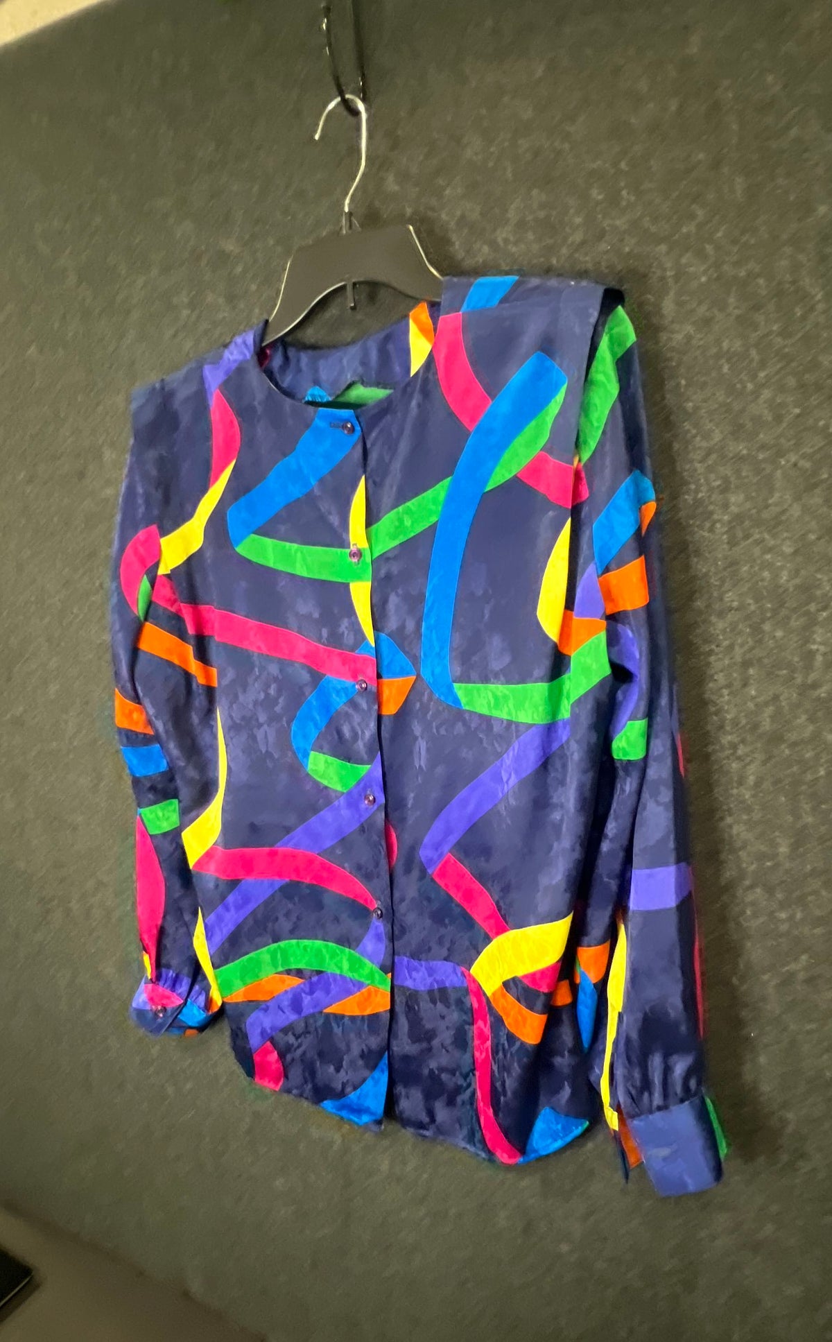 Vintage 90s Andre Sauvage Abstract Ribbon Print Blouse Made USA Sz 10