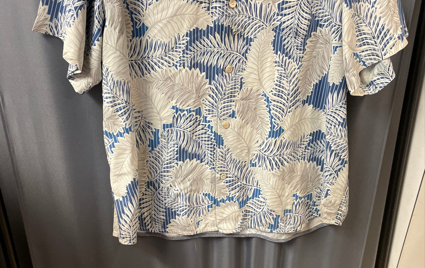 Tommy Bahama Men's Blue White Palm Leaf Striped Silk Blend Aloha Shirt Sz XXL