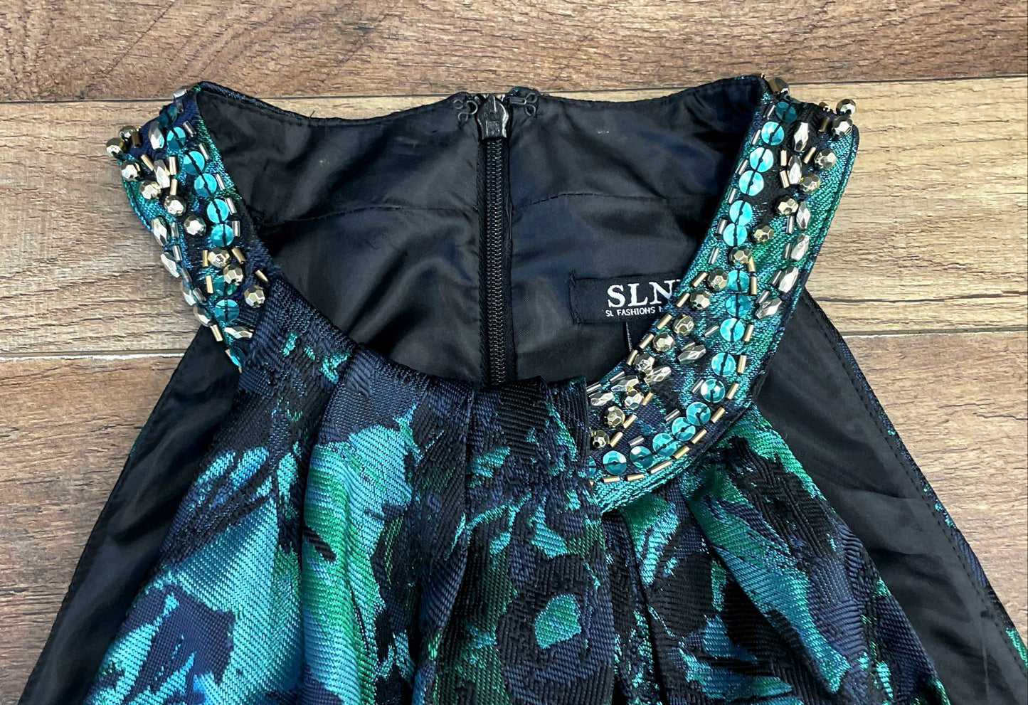 SLNY Women's Teal Blue Metallic Floral Embellished Halter Neck Dress NWT Sz 10