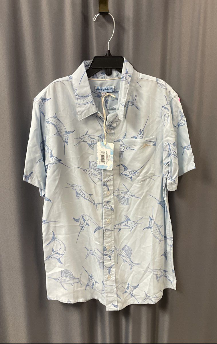 Tommy Bahama Boy's Light Blue Marlin Print Rayon Short Sleeve Shirt Sz 10/12 NWT