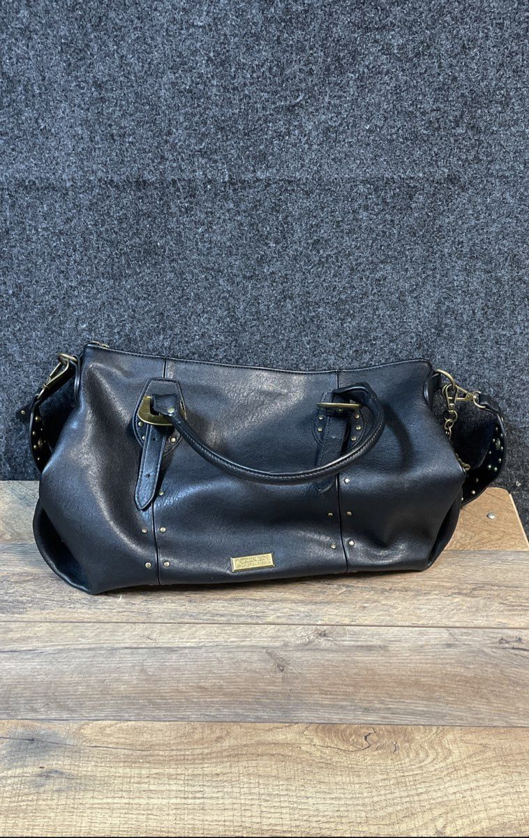Jessica Simpson Black Faux Leather Studded Satchel Shoulder Bag Brass Hardware