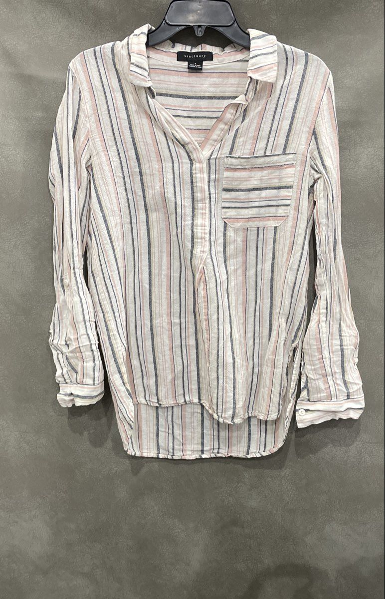 Sanctuary Women's White Striped Cotton Linen Blend Roll Tab Sleeve Shirt Sz S
