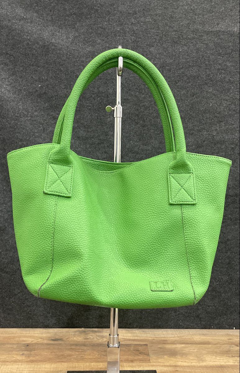 Louen Hide Green Pebbled Vegan Leather Tote Shoulder Bag Striped Lining