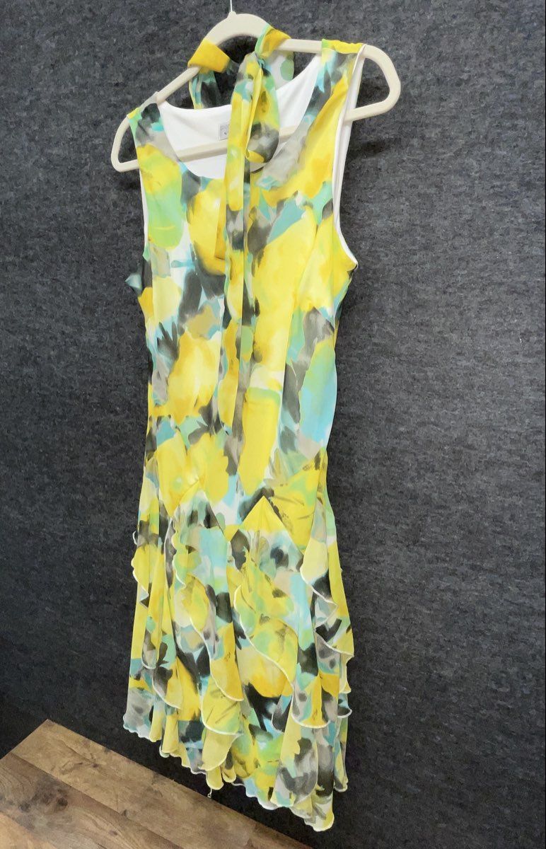 Robbie Bee Women's Yellow Floral Tiered Ruffle Tie Neck Dress Size M