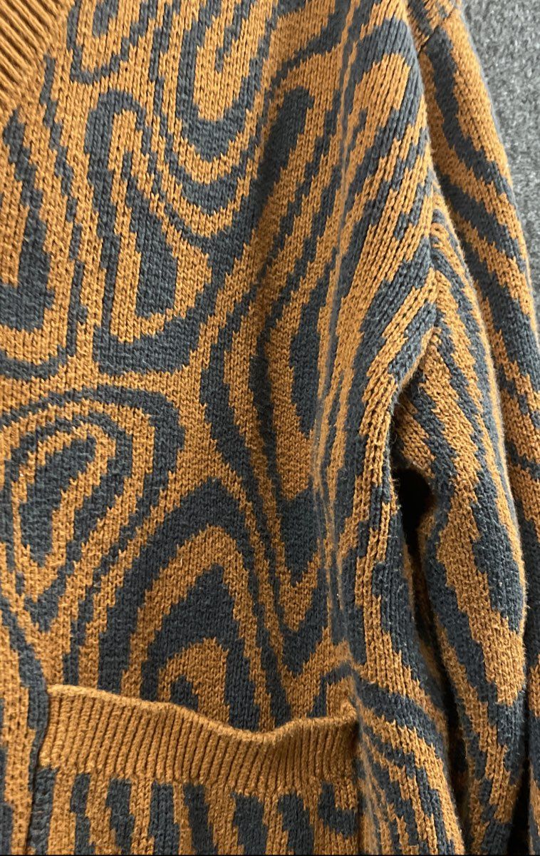 Original Use Men's Cardigan Sweater Brown Gray Wavy Psychedelic Knit Size S