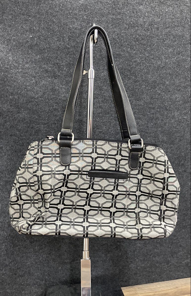 Anne Klein Grey Black Geometric Canvas Shoulder Bag Tote Silver Hardware