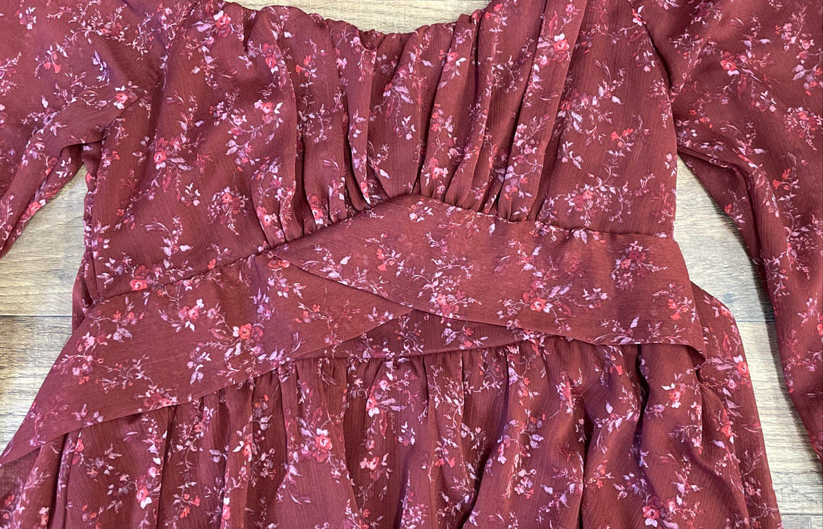 Francesca's Women's Martina Tiered Maxi Dress Burgundy Floral Long Sleeve XS