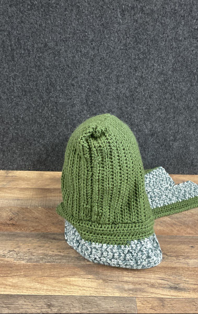 Handmade Unisex Crocheted Hooded Scarf Green Gray Colorblock Chunky Knit OS