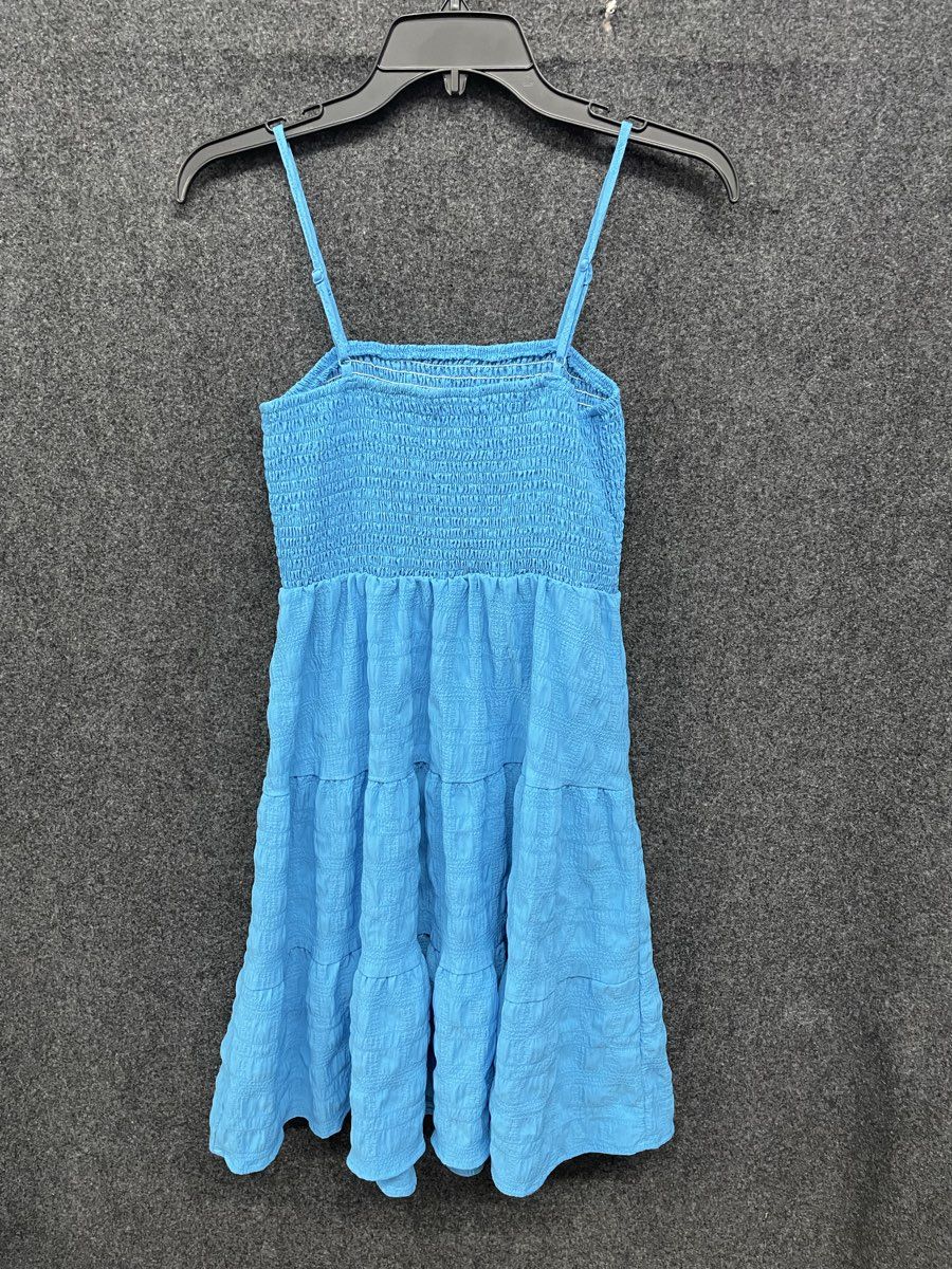 Women's Blue Smocked Tiered Spaghetti Strap Crinkle Texture Dress Sz M