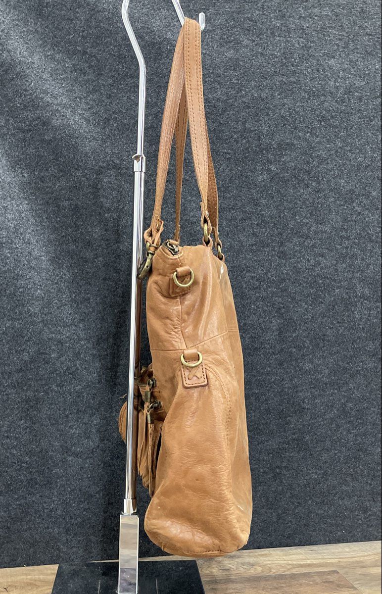 The Sak Brown Leather Multi Pocket Shoulder Bag Tote Antique Brass Hardware