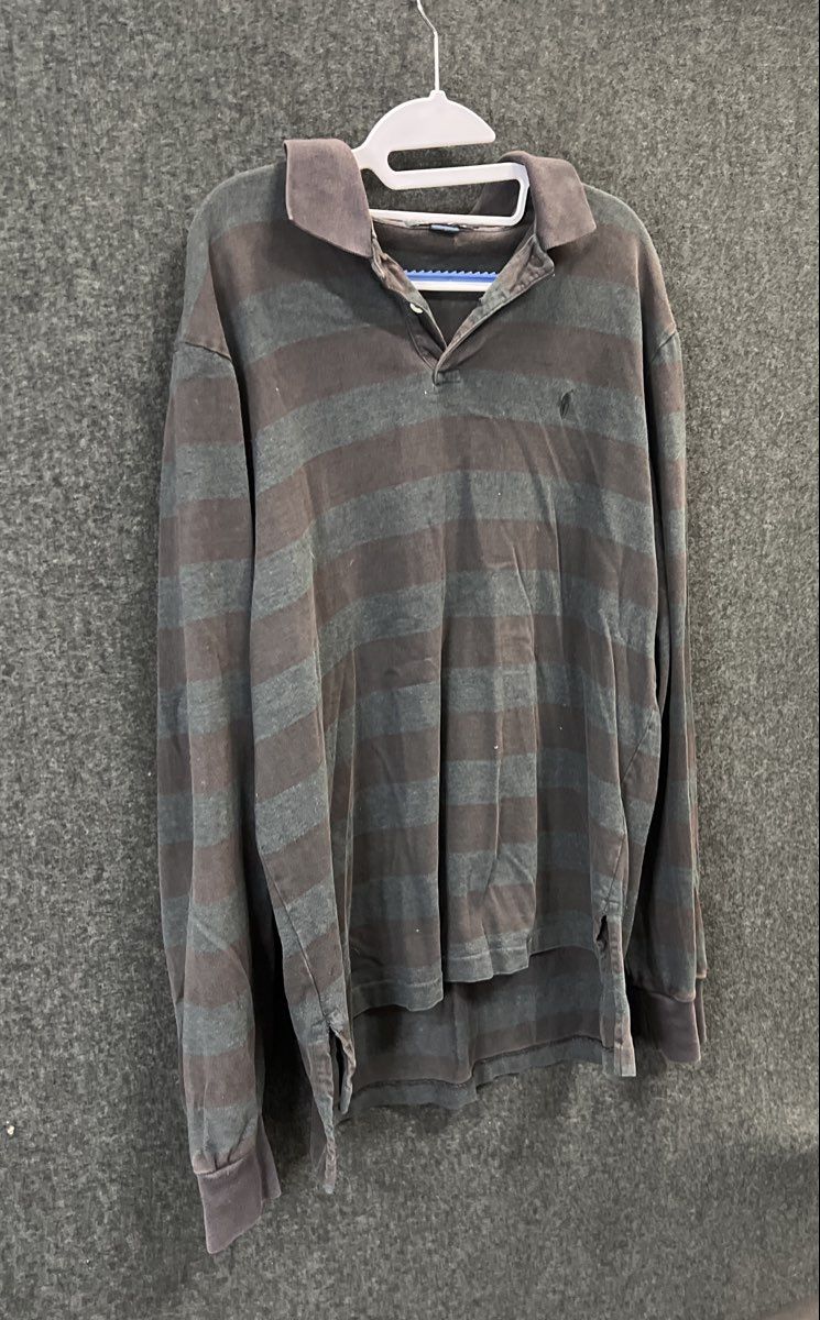 Polo Ralph Lauren Men's Charcoal Grey Striped Long Sleeve Polo Shirt Sz L