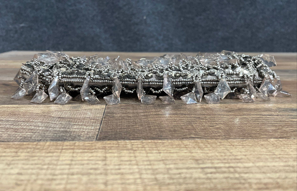 Silver Beaded Sequin Crystal Evening Bag Clutch Silver Tone Chain Strap