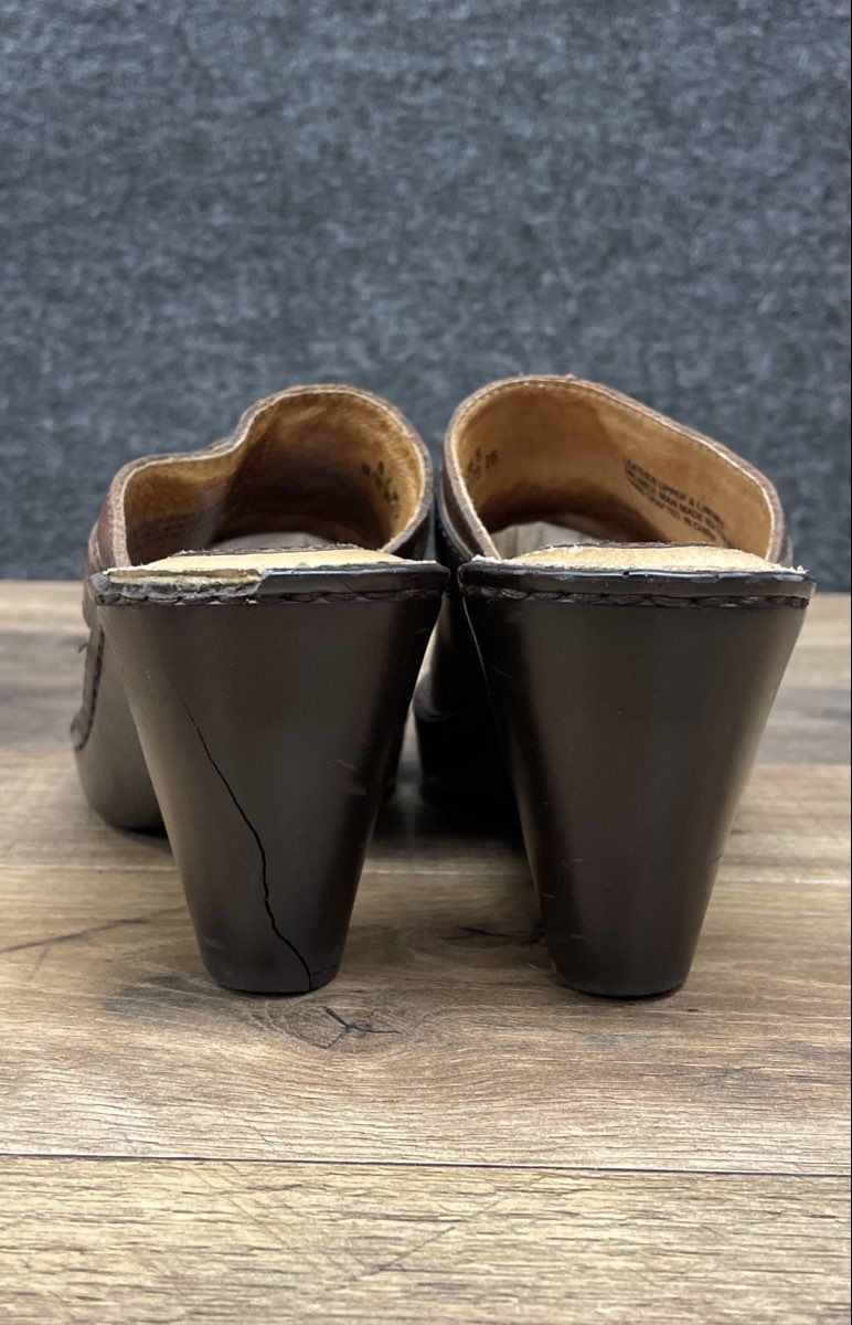 Born Brown Leather Buckle Strap Heeled Clogs Mules Women's Size 8.5