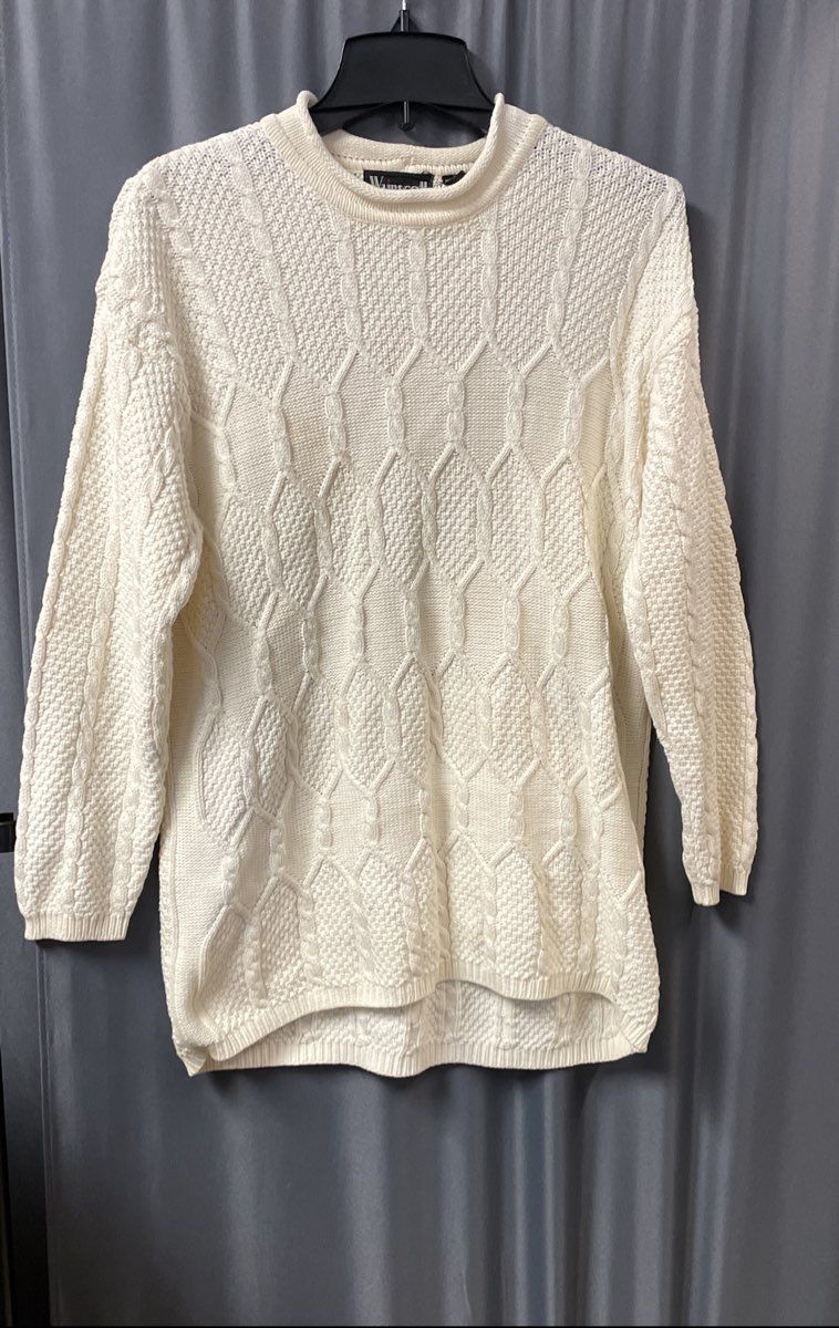 Wainscott Women's White Cable Knit Cotton Mock Neck High Low Hem Sweater Sz M