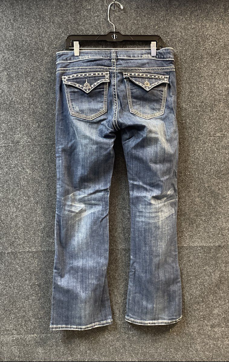 Stetson Women's Blue Distressed Rhinestone Flap Bootcut Jeans Sz 10