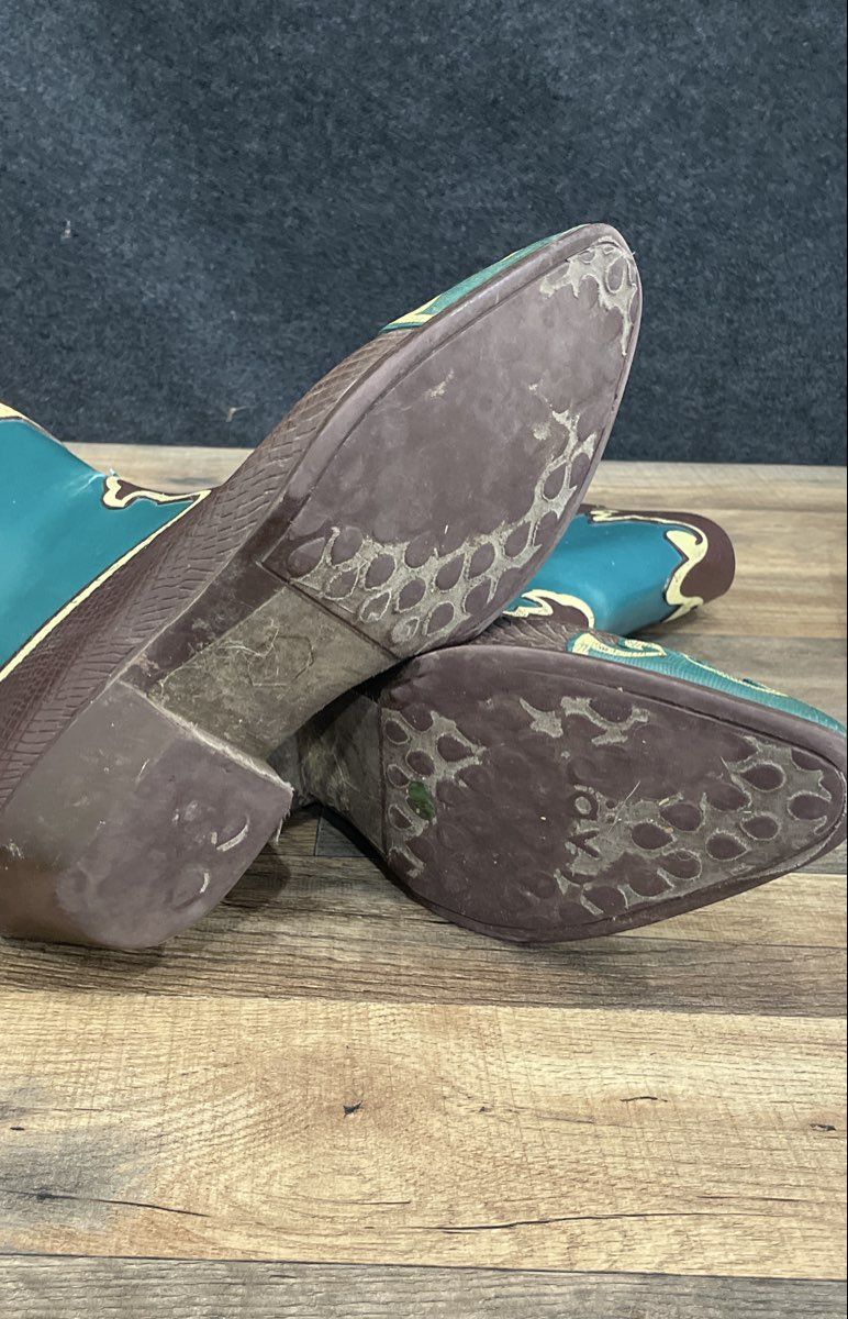 dav Cowboy Rain Boots Brown Teal Blue Western Pattern Wellies Women's Size 10