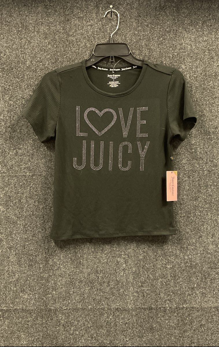 Juicy Couture Women's Black Ribbed Sleepwear Shirt Rhinestone Heart Sz M NWT