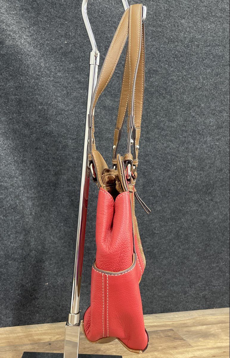 Tignanello Red Brown Pebbled Leather Shoulder Bag Tote Silver Hardware
